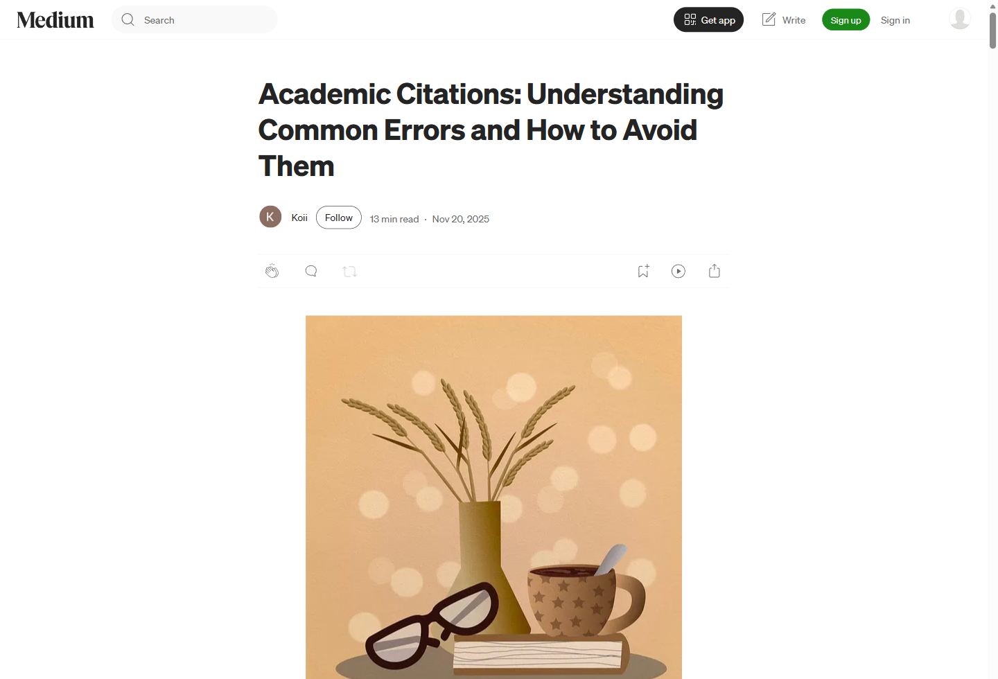 Academic Citations 一文的 Medium 截图，包含标题、作者信息和正文开头。