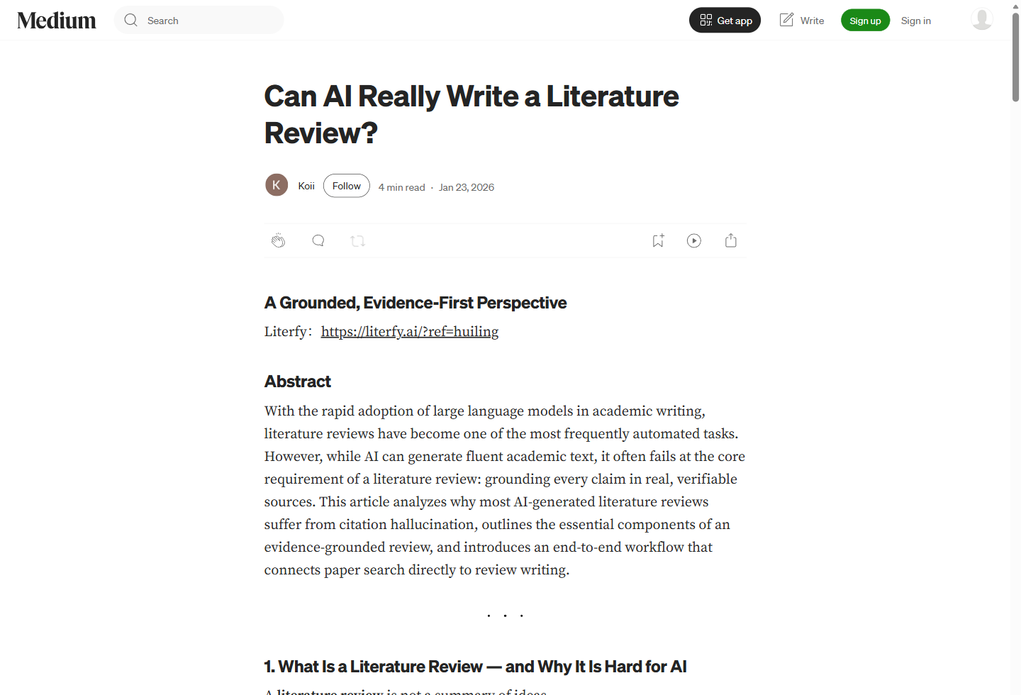 Can AI Really Write a Literature Review? 一文的 Medium 截图，包含标题、作者信息和正文开头。