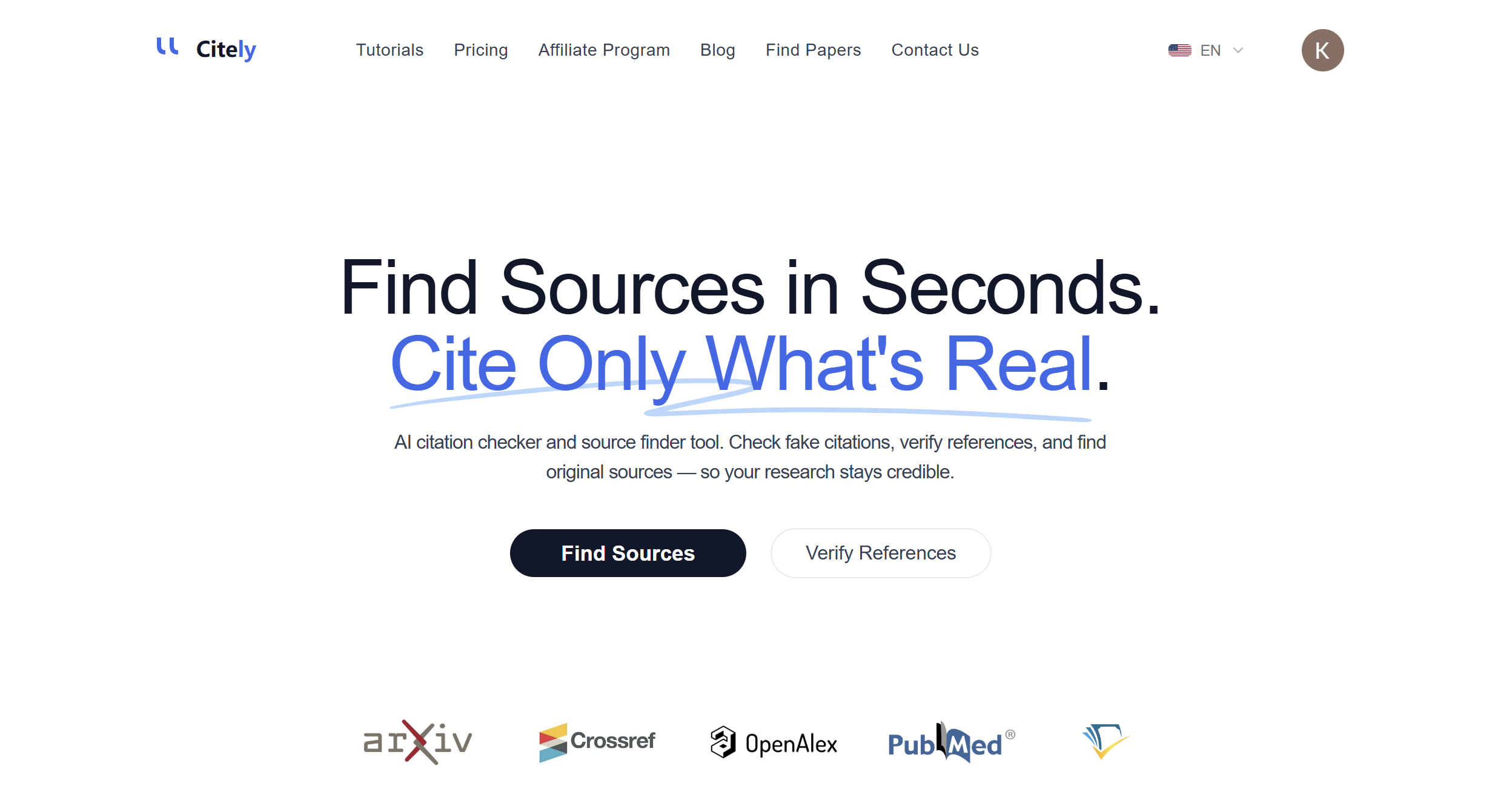 Citely 首页真实截图，展示 Find Sources、Verify References 等入口。