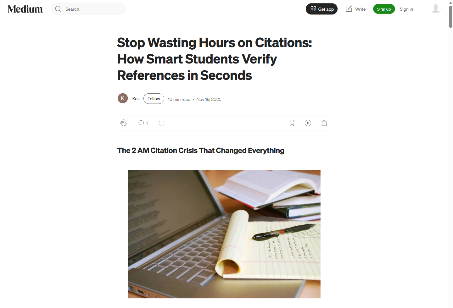 Stop Wasting Hours on Citations 一文的 Medium 截图，包含标题、作者信息和正文开头。